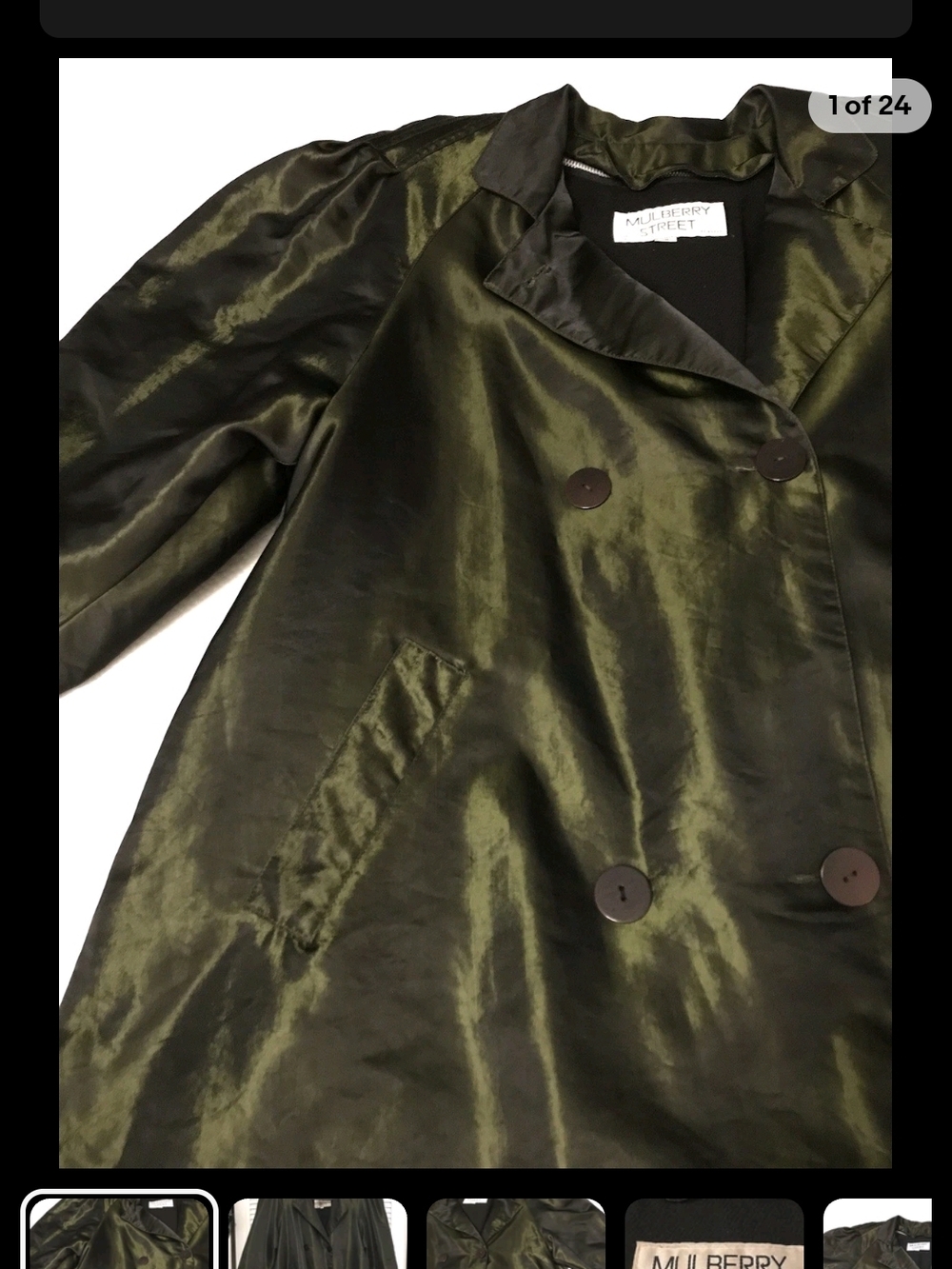 Mulberry Street Olive Satin Double-Breasted Trench